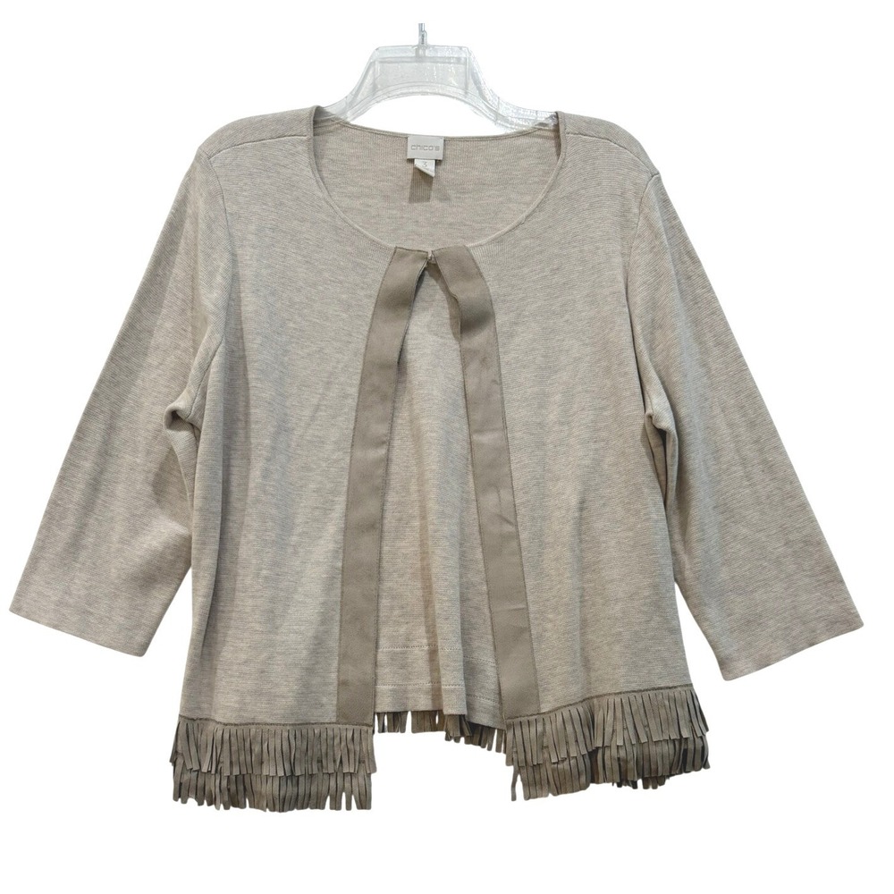 Chico's Tan Beige Fringe Hem Faux Suede Trim Cardigan Sweater Size 3 US SizeXL